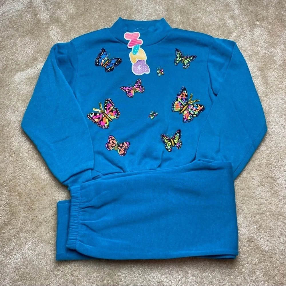 Vintage Zing Blue Butterfly Sweat Suit Girls 12 - Picture 1 of 8